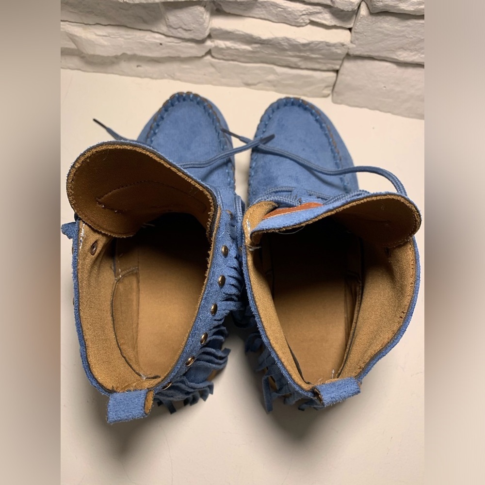 L'originale Balaloo moccasins Blue Suede Fringe Moccasin Boots - Picture 2 of 7